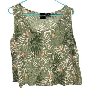 Erika Women's Petite XL Green Palm Leaf Butterfly Print Tank Top Smocked Detail
